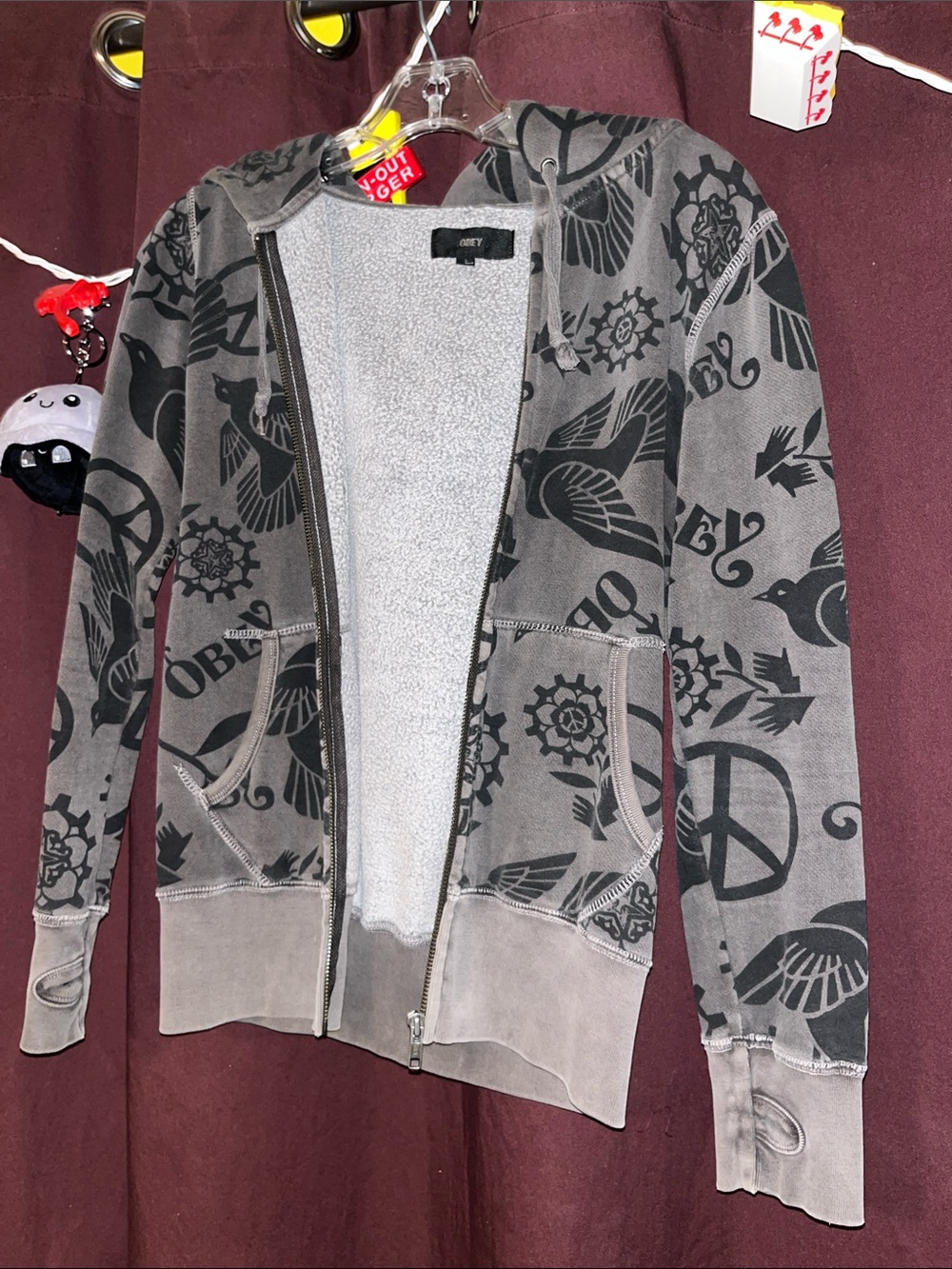 Obey Gray Zip Hoodie with Black Bird & Peace Graphics